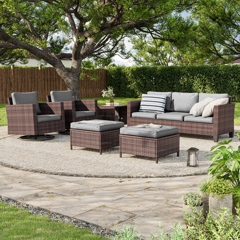 Patio Outdoor Furniture Set Rattan Coversation Seating Set Thickening Cushions With Swiveling Rocker, Brown, Gray
