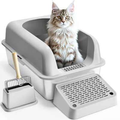 Filtering Foot Board 6-Inch Deep Cat Litter Box, Odor-, Gray Plastic, Large Stainless Steel Pan, Suitable For Senior Cats