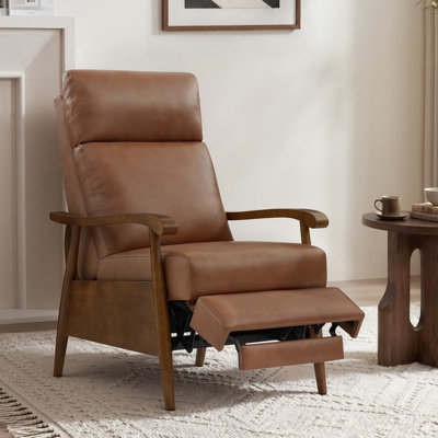 Dessus de fauteuil inclinable Mid-Century de 27,2 po de largeur en cuir véritable avec fonction en bois massif et accoudoirs pour le salon, la salle de divertissement et le bureau