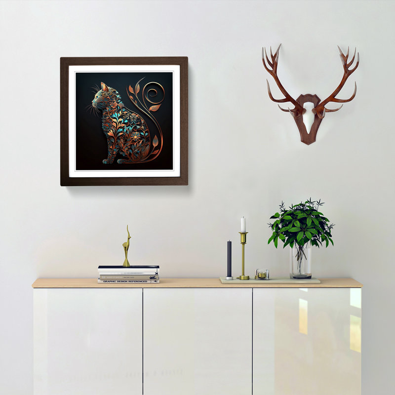 Cat Ornamental Art - Single Picture Frame Print on Wood, Walnut
