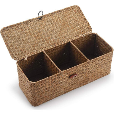 Seagrass Storage Basket with Lid, Handwoven Wicker Organizer with Compartments for Bathroom, Toilet Tank, Countertop & Home Storage