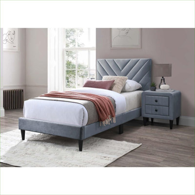 Twin Size Platform Bed Luxury Tufted Cool Gray Velvet Upholstered Adjustable V-Stitched Headboard