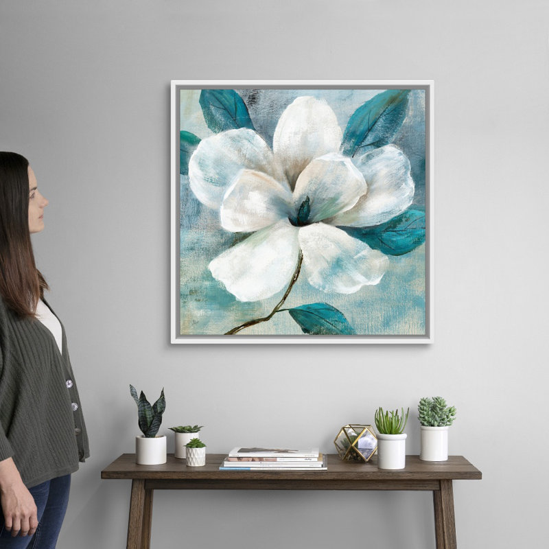Art mural bleu sarcelle Magnolia I, Cadre blanc, H 30 po x l 30 po x P 1,25 po