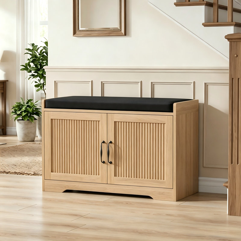 Banc de rangement pour chaussures pour hall d'entrée, avec armoire à double porte et revêtement de confort, pour entrée de hall d'entrée, naturel