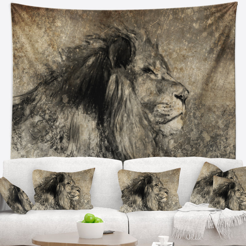 Lion en tapisserie de sépia Animal, H 50 po x l 60 po