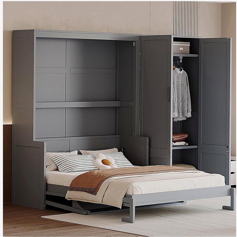 Grand lit mural avec placard, gris, Gris