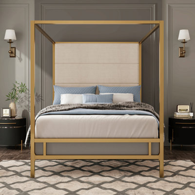 Lit à baldaquin doré moderne avec tête de lit tapissier en tissu de lin haut de 76,5 po