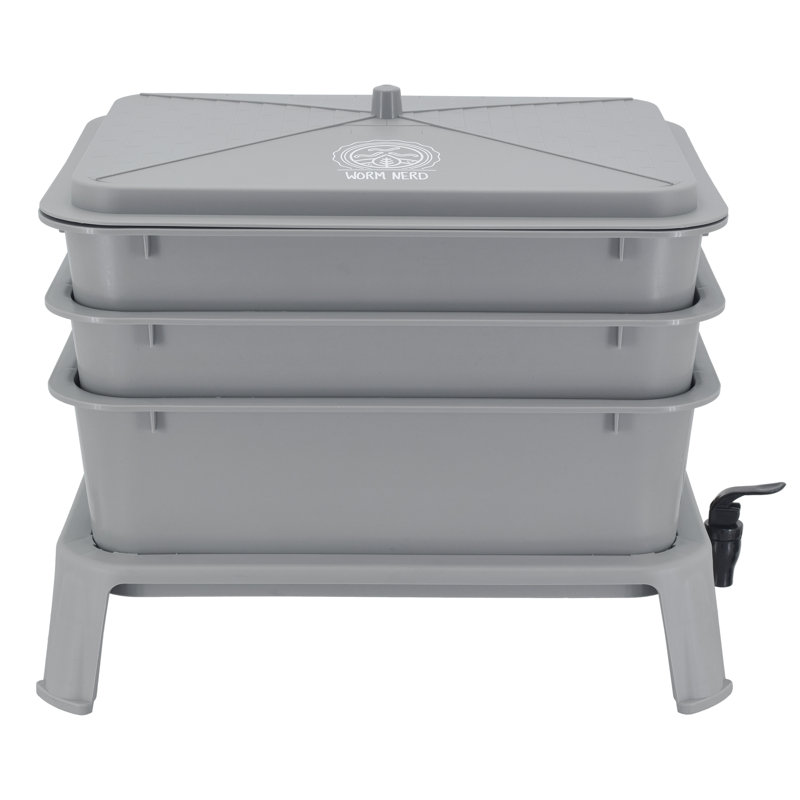 Gray 4-Tray Plastic Worm Composting Bin with Coco Coir Brick