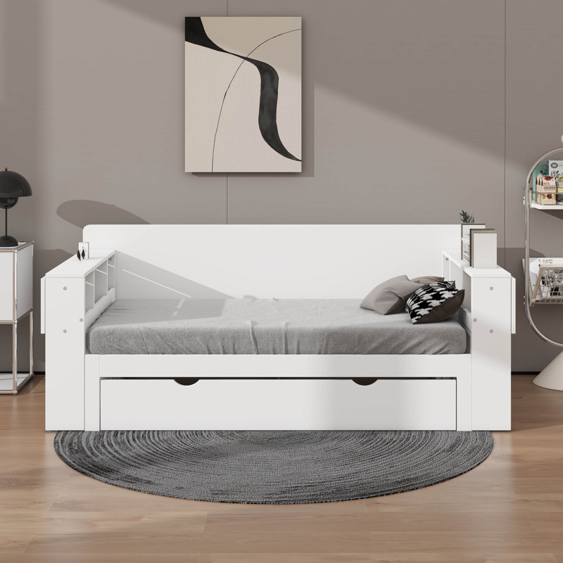 Lit de jour double avec bureau, tiroirs et table d'appoint hydraulique, Lit double, Blanc