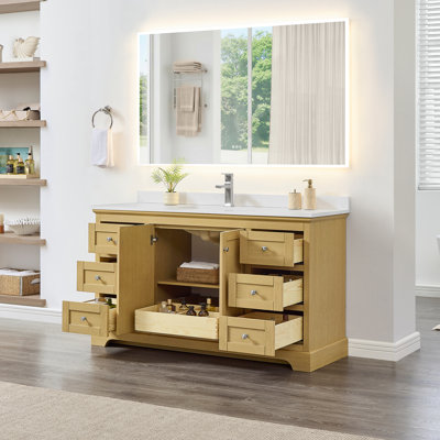 Meuble-lavabo simple 60 po Avery en chêne miel, comptoir en quartz Giotto, lavabo carré encastré (1 trou), garniture en chrome poli