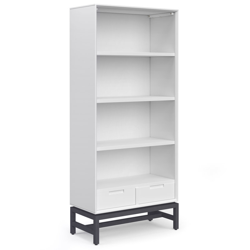 Banting 30"W Solid Wood 4 Shelf Industrial Bookcase with 2 Drawers, Adjustable Shelves, and Metal Base, White/Black