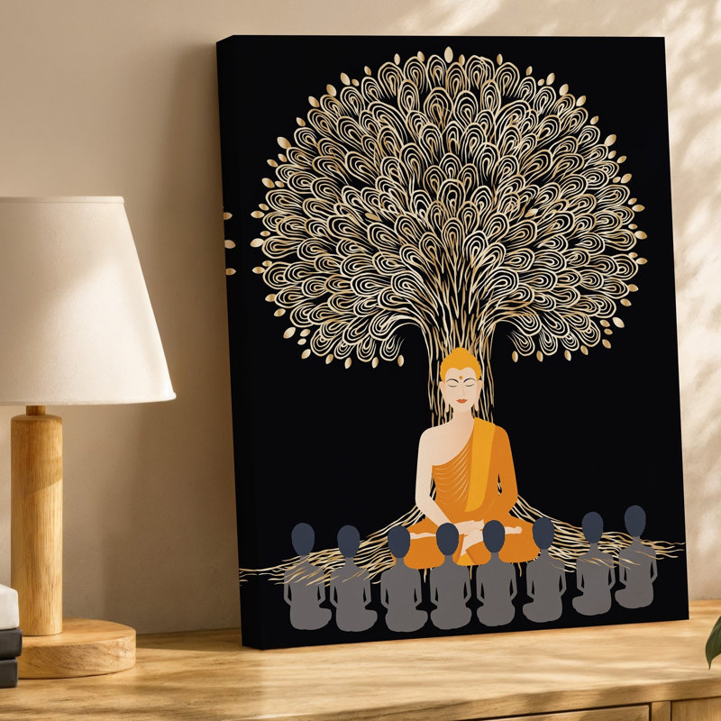 Toile, scène sereine représentant un Bouddha stylisé assis sous un art mural, H 30 po x l 30 po