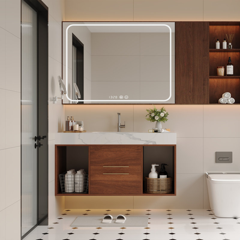 Meuble-lavabo flottant 39,4 po avec lavabo en céramique, 2 tiroirs à fermeture en douceur et plateau en ardoise blanche