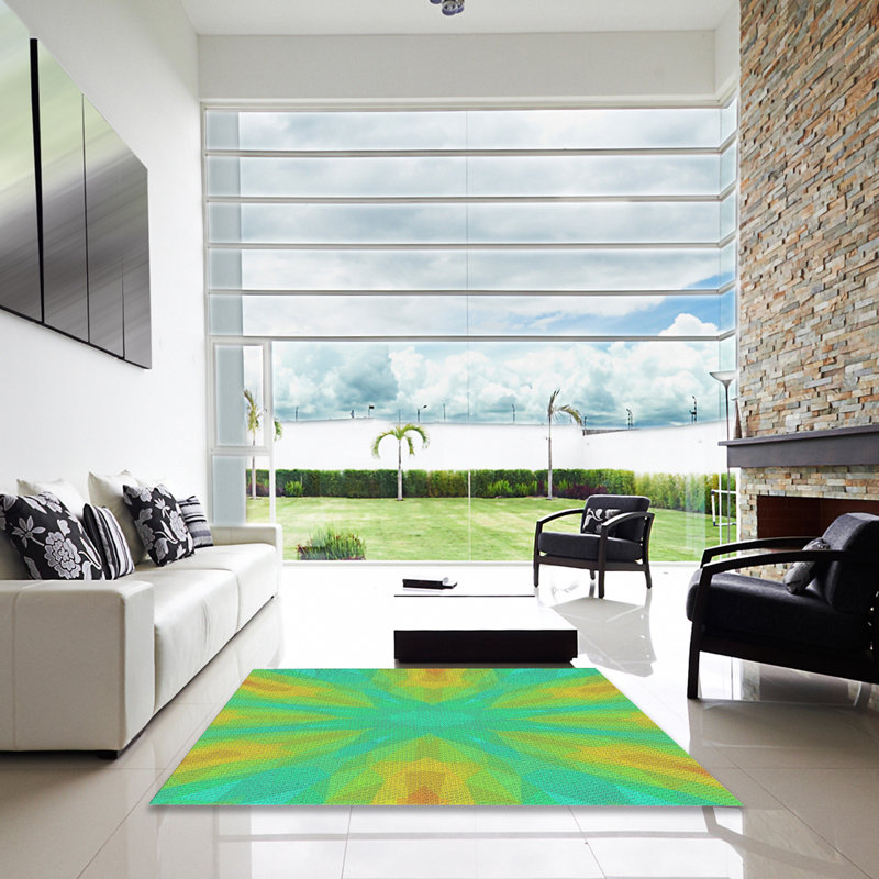 Tapis vert/jaune tissé à la machine, Carré 6 pi