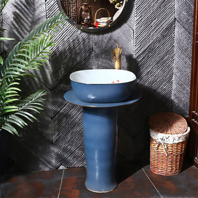 Vintage Blue Ceramic Freestanding Pedestal Sink with Hand Painted Artwork