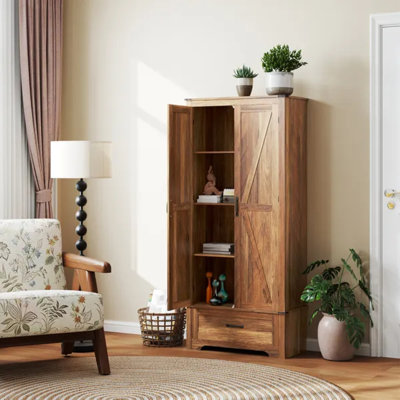 Brown 72" Farmhouse Tall Kitchen Pantry Cabinet with Barn-Style 2 Magnetic Doors & Drawer, Adjustable Particleboard Storage Organizer, Total 82 Lbs Weight Capacity for Kitchen Bathroom Entryway