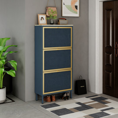 Étagère à chaussures à 3 portes en métal, armoire de rangement pour chaussures moderne autoportante, rotin en métal, pour vestibule