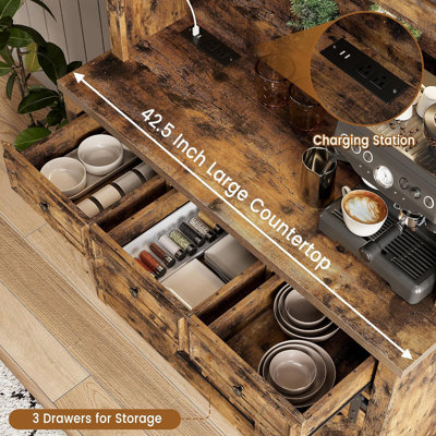 Rustic Gray Coffee Bar Cabinet, LED Lights, Sliding Barn Doors & Wine Storage