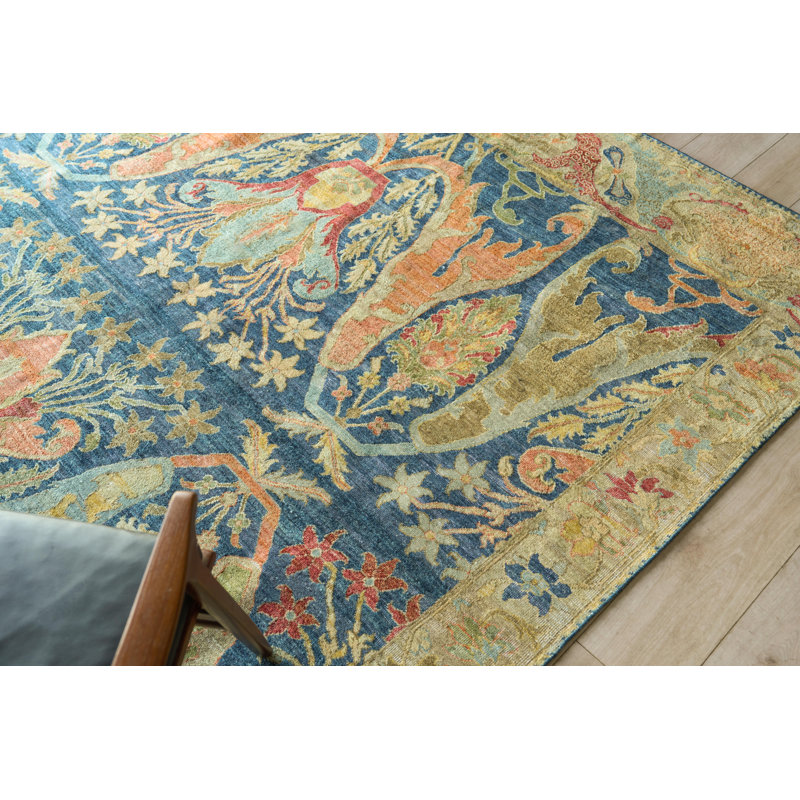 Antic Hand Knotted New Zealand Wool Blue/Camel Area Rug, 9'X12'