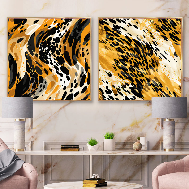 Opulen léopard noir et jaune - ensemble de 2 collages carrés à formes abstraites, Cadre flottant doré, H 30 po x l 61 po
