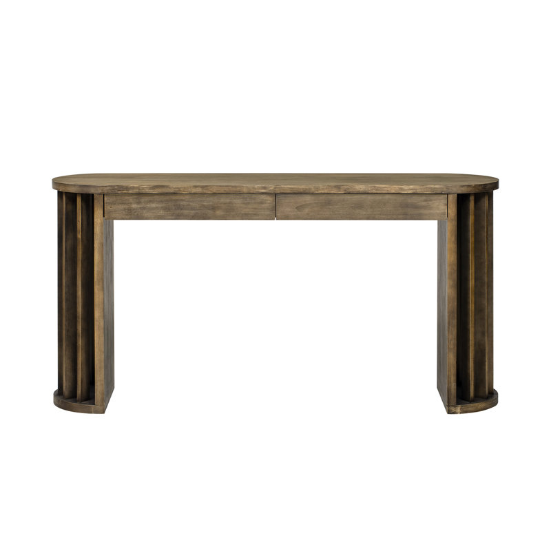 Console de 59 pouces de long avec placage de chêne, lignes courbes et droites, derrière le canapé, entrée pour le couloir, salon, structure de support solide en placage