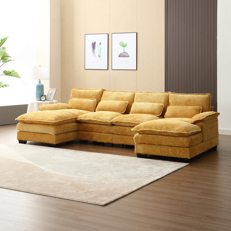 Modern Large Chenille Fabric U-Shape Sectional Sofa, Mustard Yellow