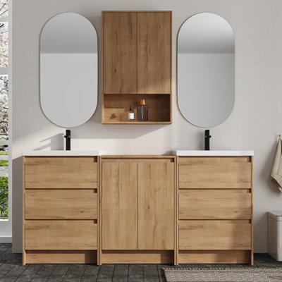 Vowar 72'' Free standing Double Bathroom Vanity With Resin Vanity Top and 24''Bathroom Wall Cabinet Storage