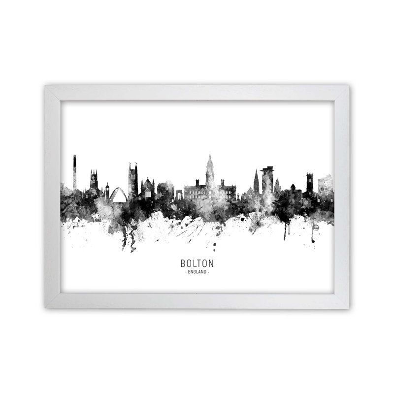 Bolton England Skyline Black White City Name by Michael Tompsett - Print, 46cm H x 63cm W x 3cm D, White Framed