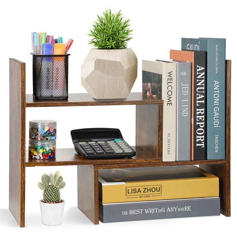 Expandable Wood Desktop Bookshelf Desktop Organizer Office Storage Rack Wood Display Shelf, Counter Storage Rack Top Bookcase - Freestyle Display Natural Stand Office Supplies Desk Organizer