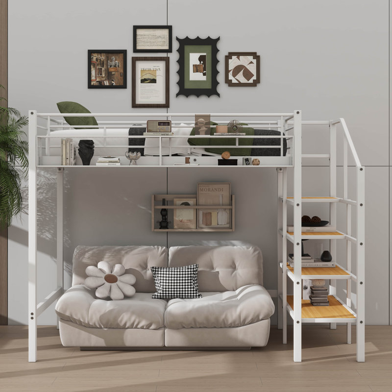 Metal Loft Bed In Twin Size, Featuring An Upper Mesh Storage Shelf, White