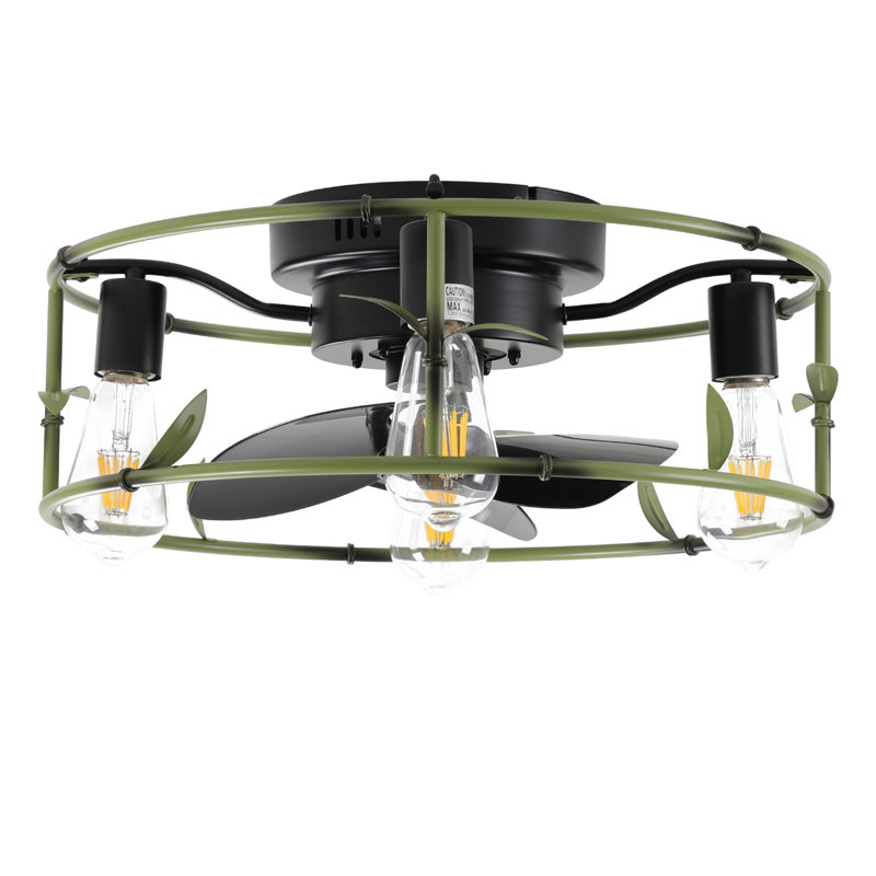 Ventilateur de plafond industriel vert 19 po avec éclairage - Cage encastrée avec télécommande, ventilateur de plafond rustique à 3 lumières, moteur à courant continu réversible silencieux à 6 vitesses pour chambre à coucher, salon (ampoule non 