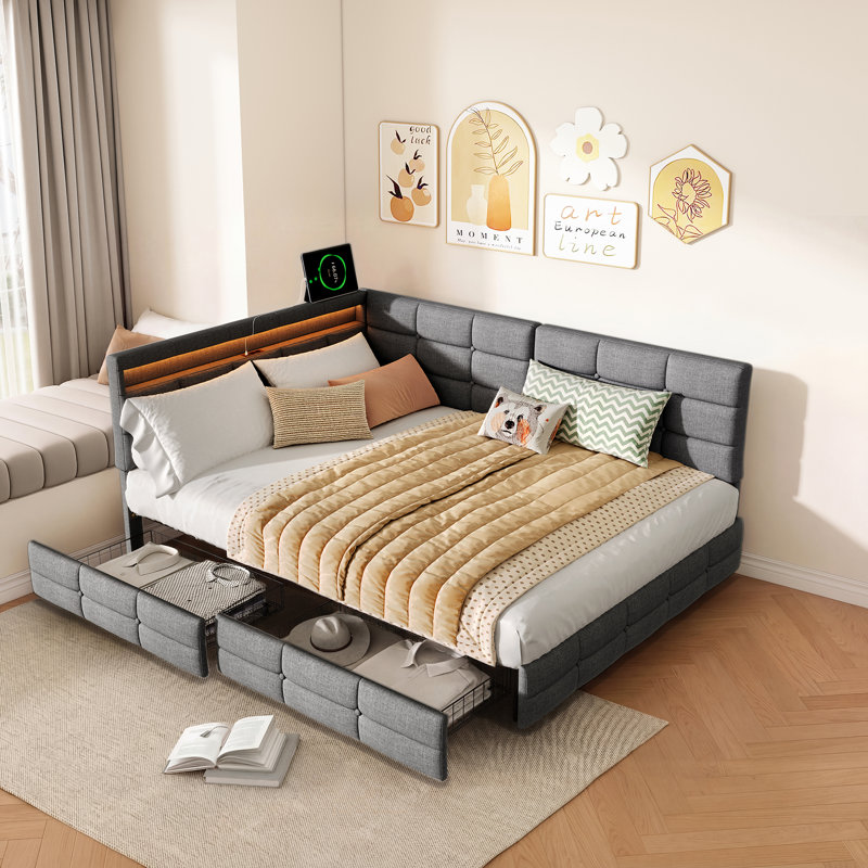 Upholstered Daybed with 2 Storage Drawers, Grey, 140 x 190 cm