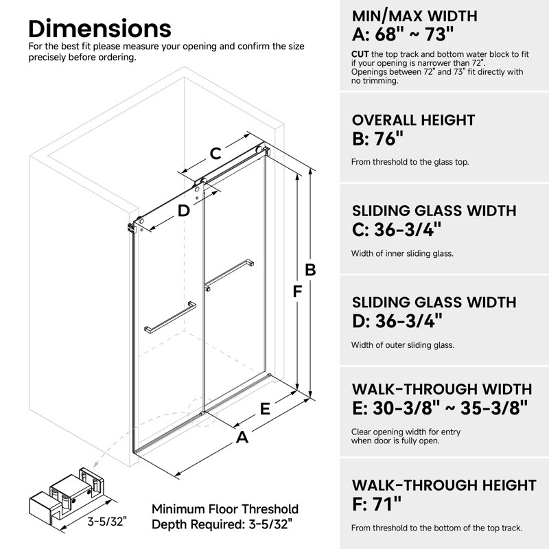 68-73" W X 76" H Frameless Double Sliding Shower Door with 3/8" (10mm) Clear Tempered Glass, Shatter-Resistant Film & Installation Hole Locator
