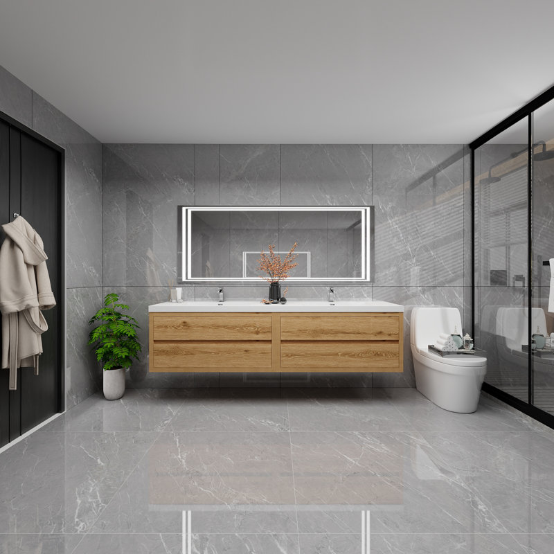 Deshler 83.5'' Double Bathroom Vanity with Acrylic Top, Yellow Wood