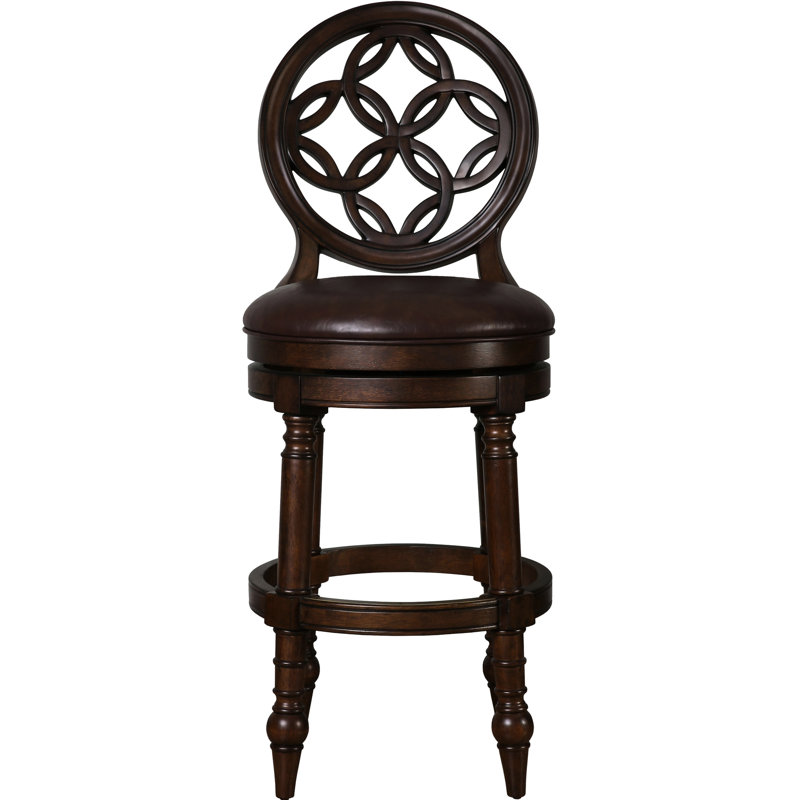 Tabouret de bar en bois à dossier haut de 31 po avec siège pivotant rembourré, détails décoratifs ouverts à siège rond, restauration automatique à 180 degrés, pieds tournés qui ajoutent un attrait visuel, cadre confortable sur structure solide,