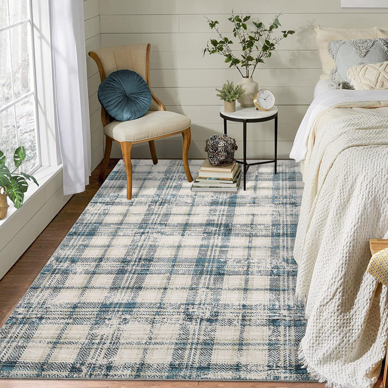 Machine Washable Rug Gingham Non-Slip Modern Rug for Living Room Bedroom Nursery Dining Table Stylish Carpet for Dorm and Bedside Decor
