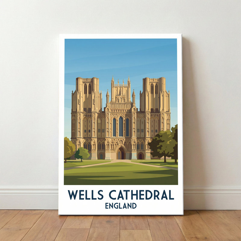 Wells Cathedral, England - Romantic Gothic Travel Poster of Somerset's Medieval Jewel. Giclee Print on Wrapped Canvas. Wall Art, Home Decor - Religious & Cultural Sites, England 1 Piece Wrapped Canvas Wall Art