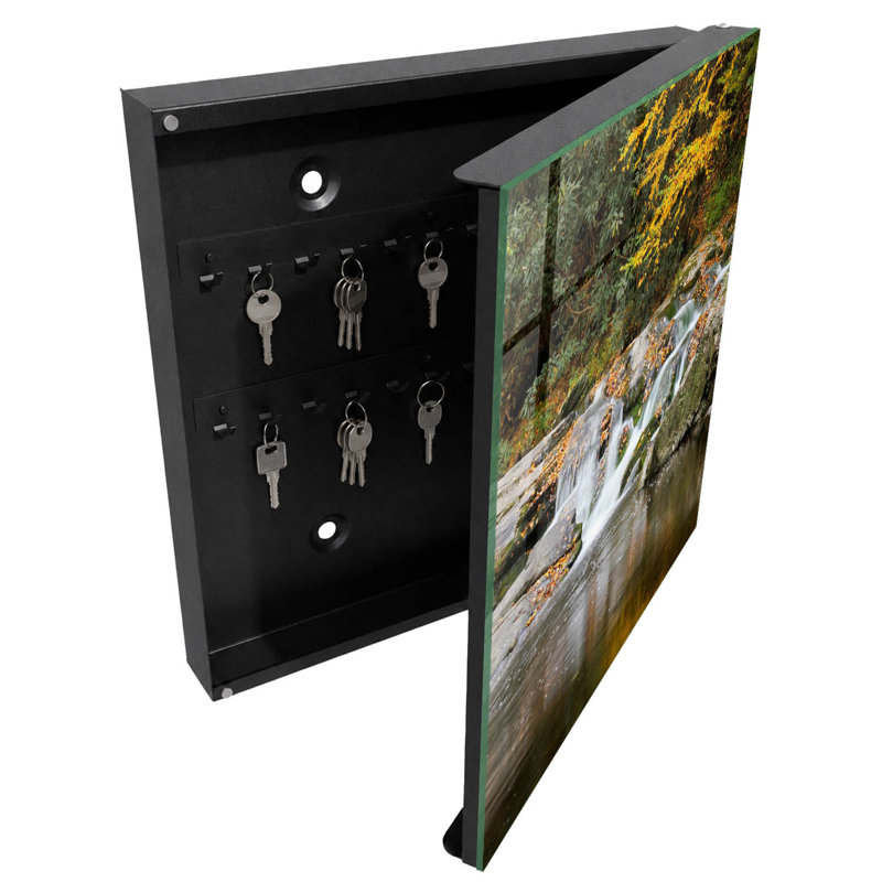 Key storage box, Opens to the right, 30x30x5, White, Autumn waterfall in a peaceful setting, 