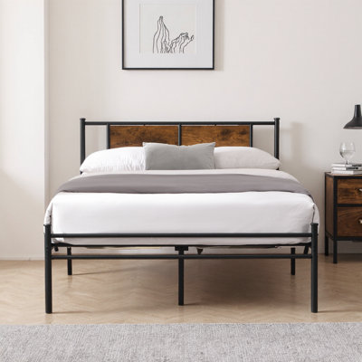 Full Size Metal Bed Frame with Wood Panel Headboard - Black/Brown, No Box Spring Needed & Underbed Storage