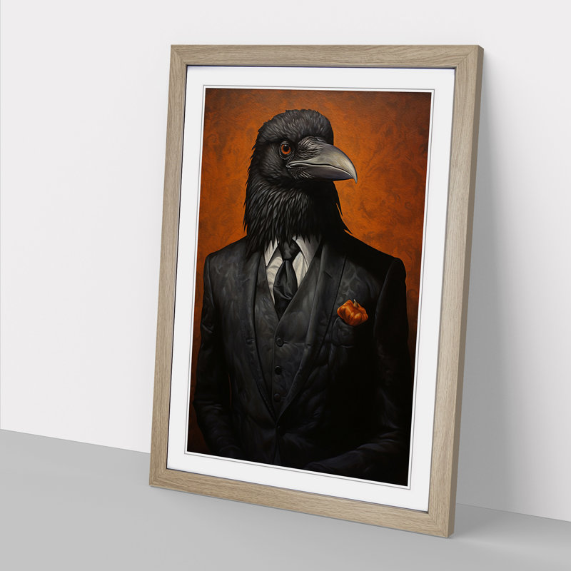 Raven in a Suit Painting - Framed Print, Oak Framed, 34cm H x 25cm W x 2cm D