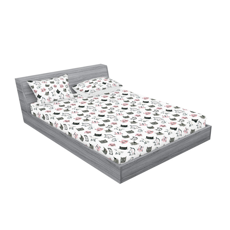 Ambesonne Fitted Sheet & Sham Set 3 Pcs Little Kitty Faces Cartoon Art King Rose Dark Grey and White