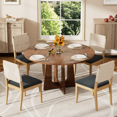 Table de salle à manger ronde 47,24 po en bois aggloméré avec chaises en lin tissé 4/6 po, Farmhousefor Kitchen