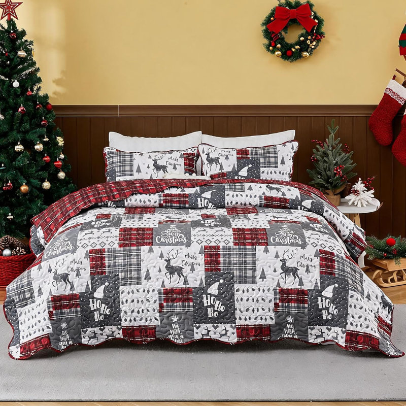 Ensemble de courtepointe de Noël King Size 3 pièces, couvre-lit en patchwork rouge et gris, 106 po x 96 po