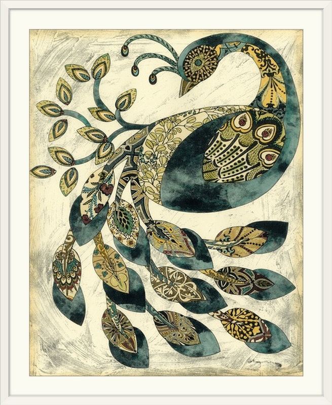 Royal Peacock " Royal Peacock II ", 38" H x 32" W x 1" D, White Framed