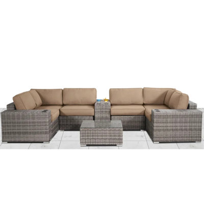 Ensemble de jardin 4 pièces avec 10 éléments, 4 tables basses, design symétrique, résistant aux intempéries, structure en aluminium, coussins de 12,5 cm d'épaisseur, housses incluses, livré entièrement assemblé, structure modulaire en aluminium antirouille, mousse amovible