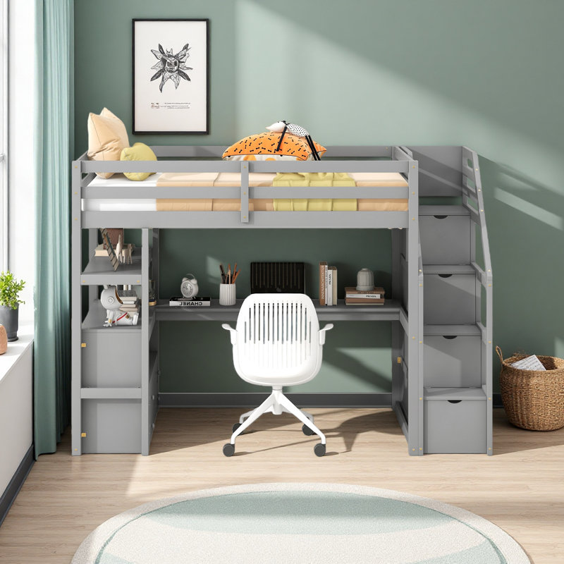 Lit mezzanine simple avec bureau et tablettes, deux tiroirs intégrés, escalier de rangement, Lit simple, Gris