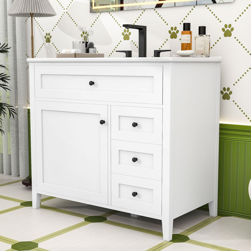 Meuble-lavabo autoportant moderne avec lavabo en céramique durable, tablette réglable et rangement spacieux, White
