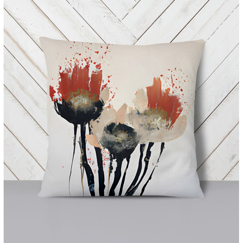 Throw Pillow With Insert, Black/White/Red Floral 2, 18"H x 18"W