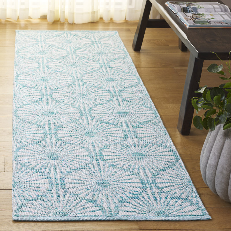 Tapis géométrique tissé à plat à la main turquoise / ivoire Oak Hill, Tapis de couloir 2 pi 3 po x 7 pi