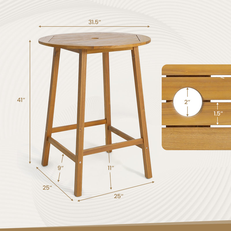 Zender Round Acacia Outdoor Bar Table With Umbrella Hole , 31.5'' in. W 31.5'' in. D